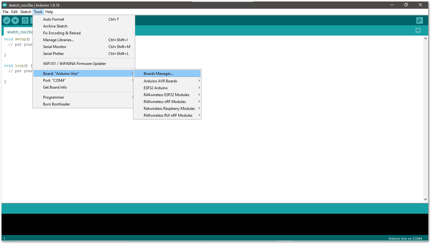 Opening Arduino boards manager